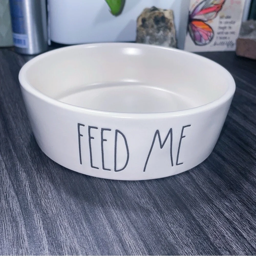 White Ceramic Pet Bowl with 'Feed Me' Text